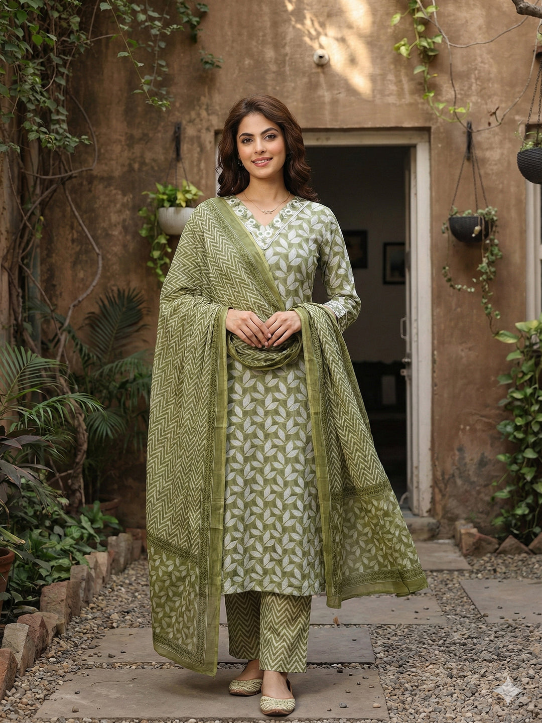 Jaitpuriya Olive Pure Cotton Straight Regular Kurta Set