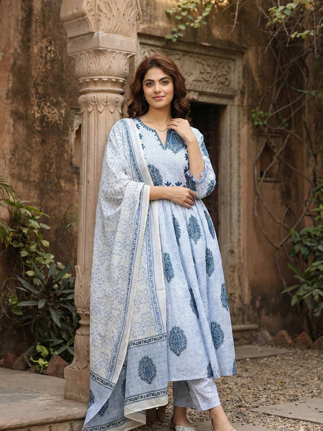 Jaitpuriya Blue And White Pure Cotton Anarkali Regular Kurta Set