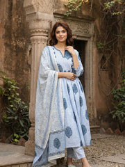 Jaitpuriya Blue And White Pure Cotton Anarkali Regular Kurta Set