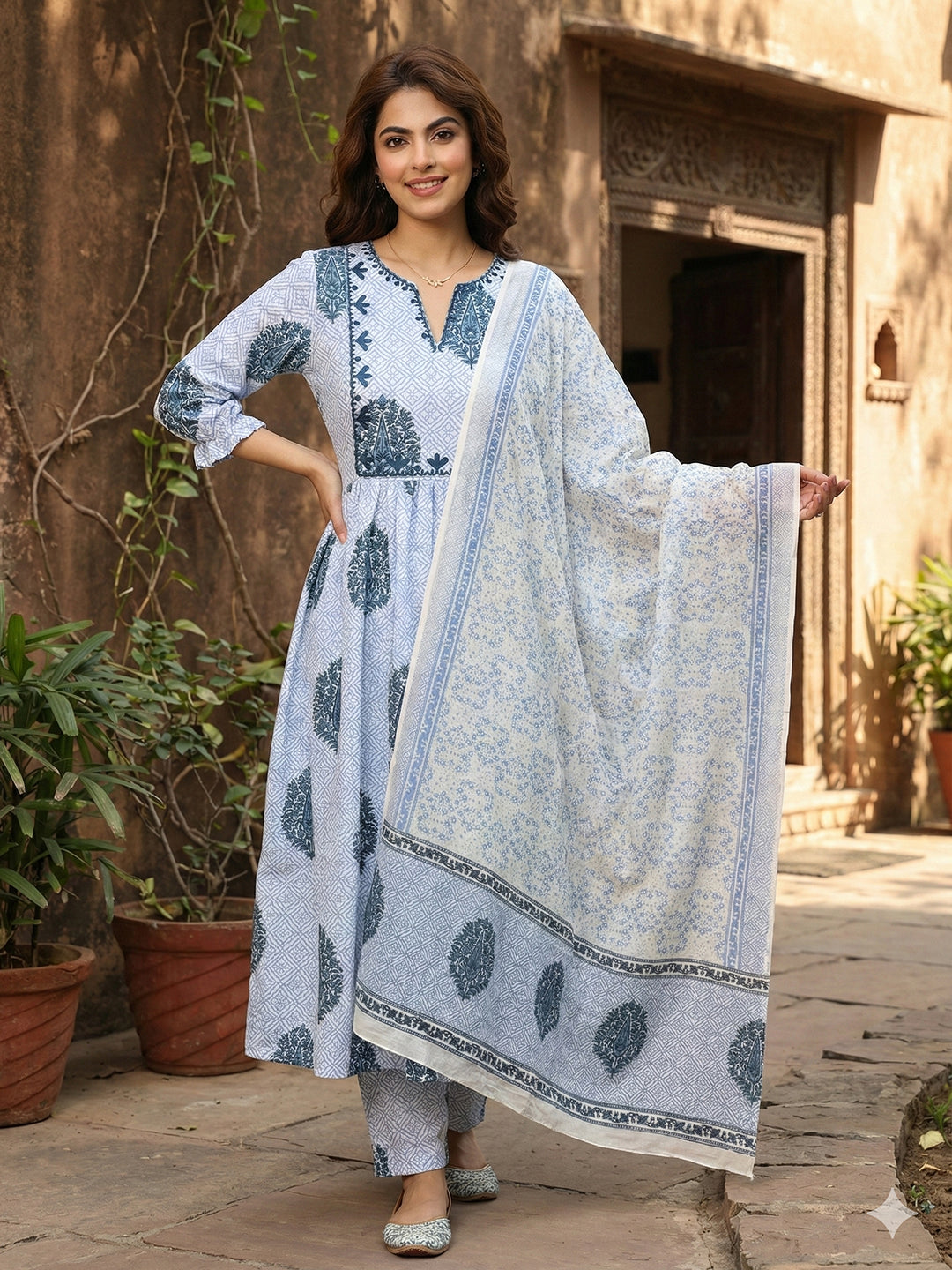 Jaitpuriya Blue And White Pure Cotton Anarkali Regular Kurta Set