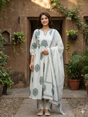 Jaitpuriya Grey And White Pure Cotton Anarkali Regular Kurta Set