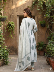 Jaitpuriya Grey And White Pure Cotton Anarkali Regular Kurta Set