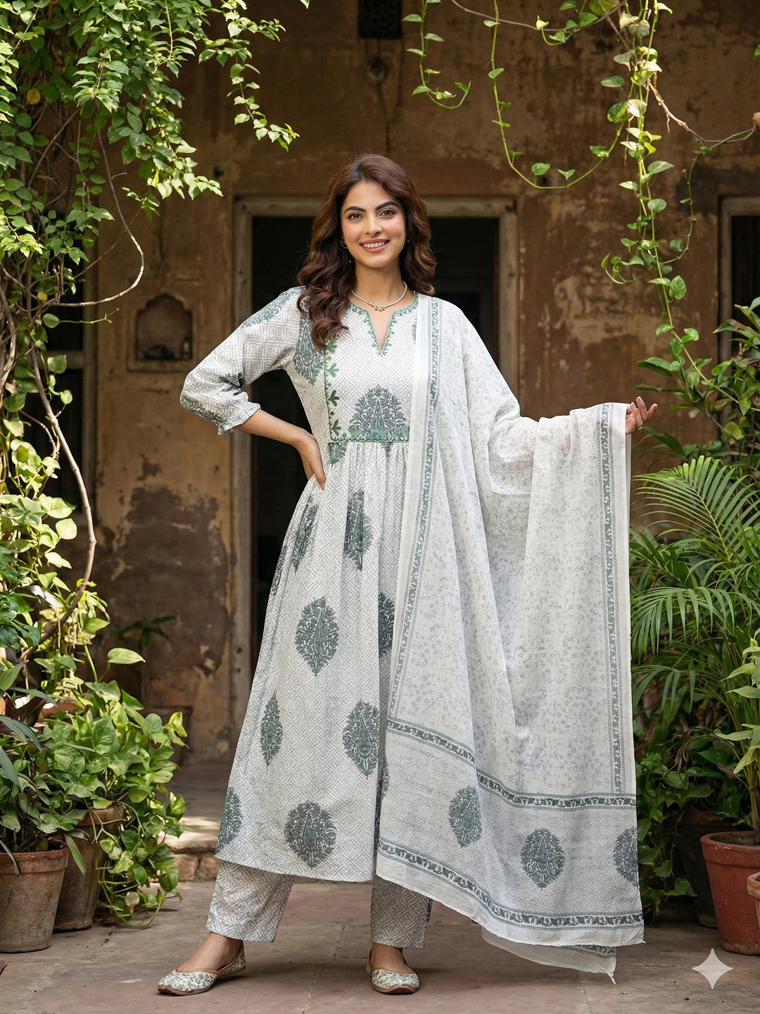 Jaitpuriya Grey And White Pure Cotton Anarkali Regular Kurta Set