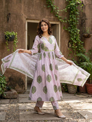 Jaitpuriya Purple And White Pure Cotton Anarkali Regular Kurta Set