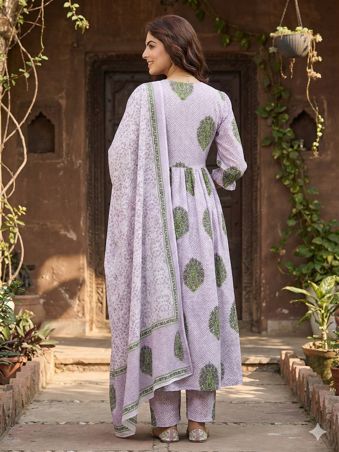 Jaitpuriya Purple And White Pure Cotton Anarkali Regular Kurta Set