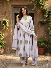 Jaitpuriya Purple And White Pure Cotton Anarkali Regular Kurta Set