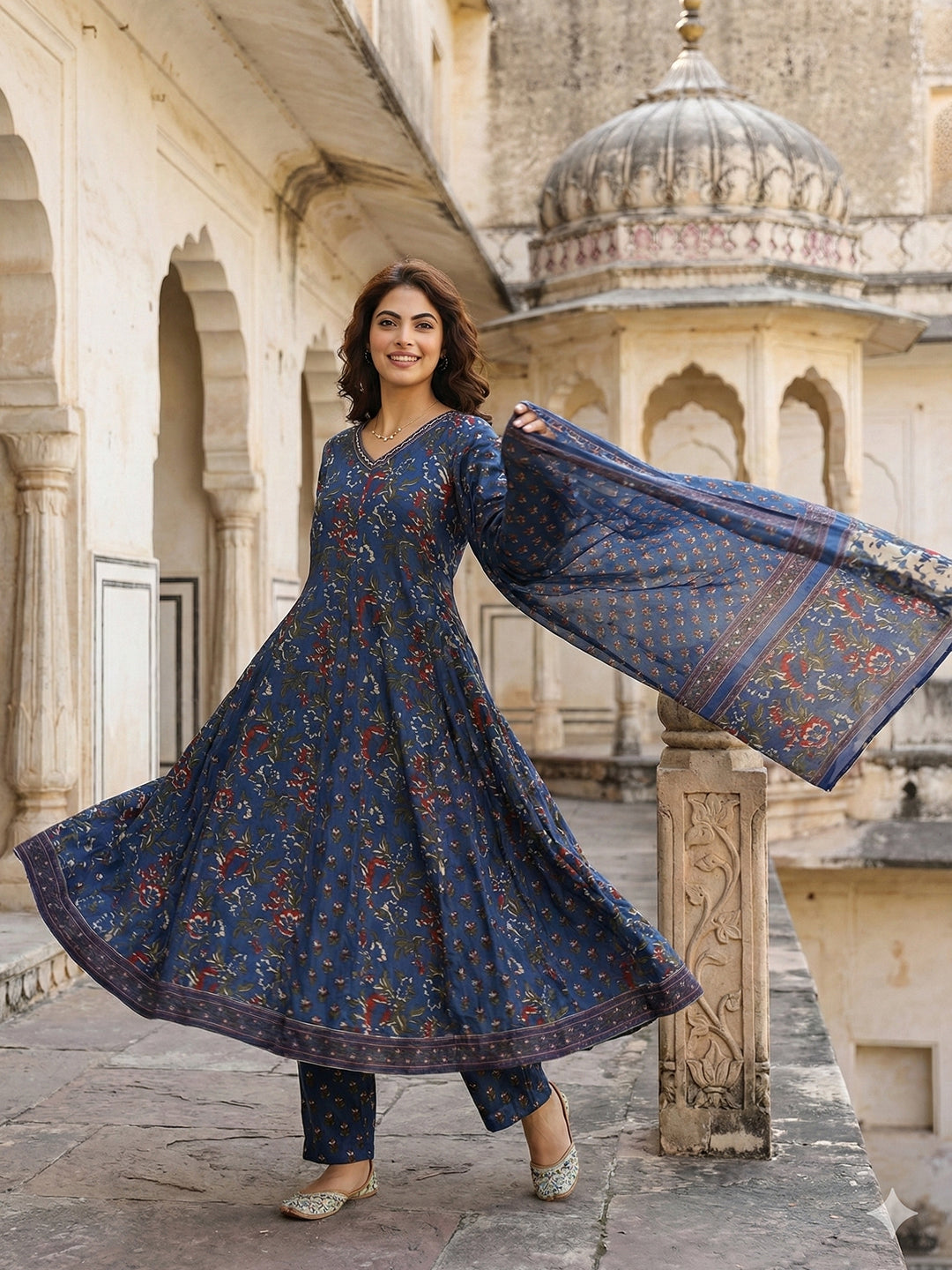 Jaitpuriya Blue Pure Cotton Anarkali Regular Kurta Set