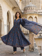 Jaitpuriya Blue Pure Cotton Anarkali Regular Kurta Set