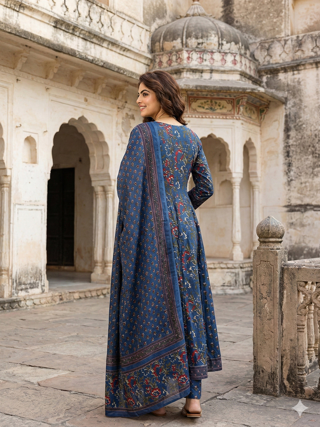 Jaitpuriya Blue Pure Cotton Anarkali Regular Kurta Set