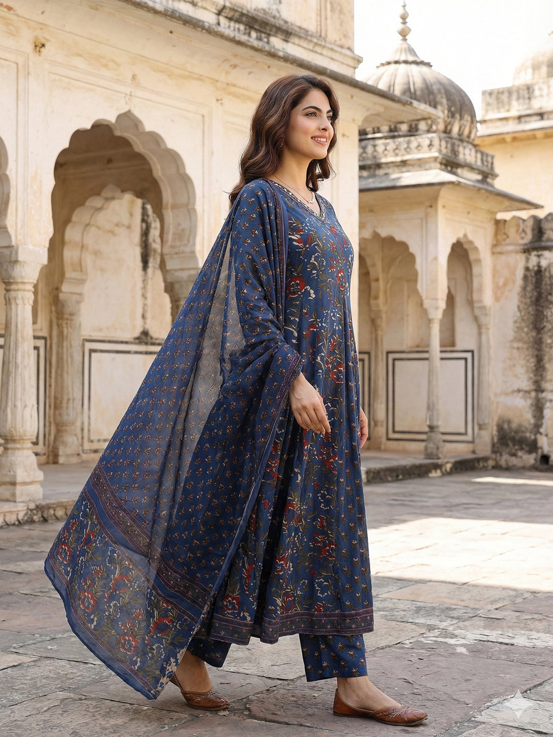 Jaitpuriya Blue Pure Cotton Anarkali Regular Kurta Set