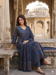 Jaitpuriya Blue Pure Cotton Anarkali Regular Kurta Set