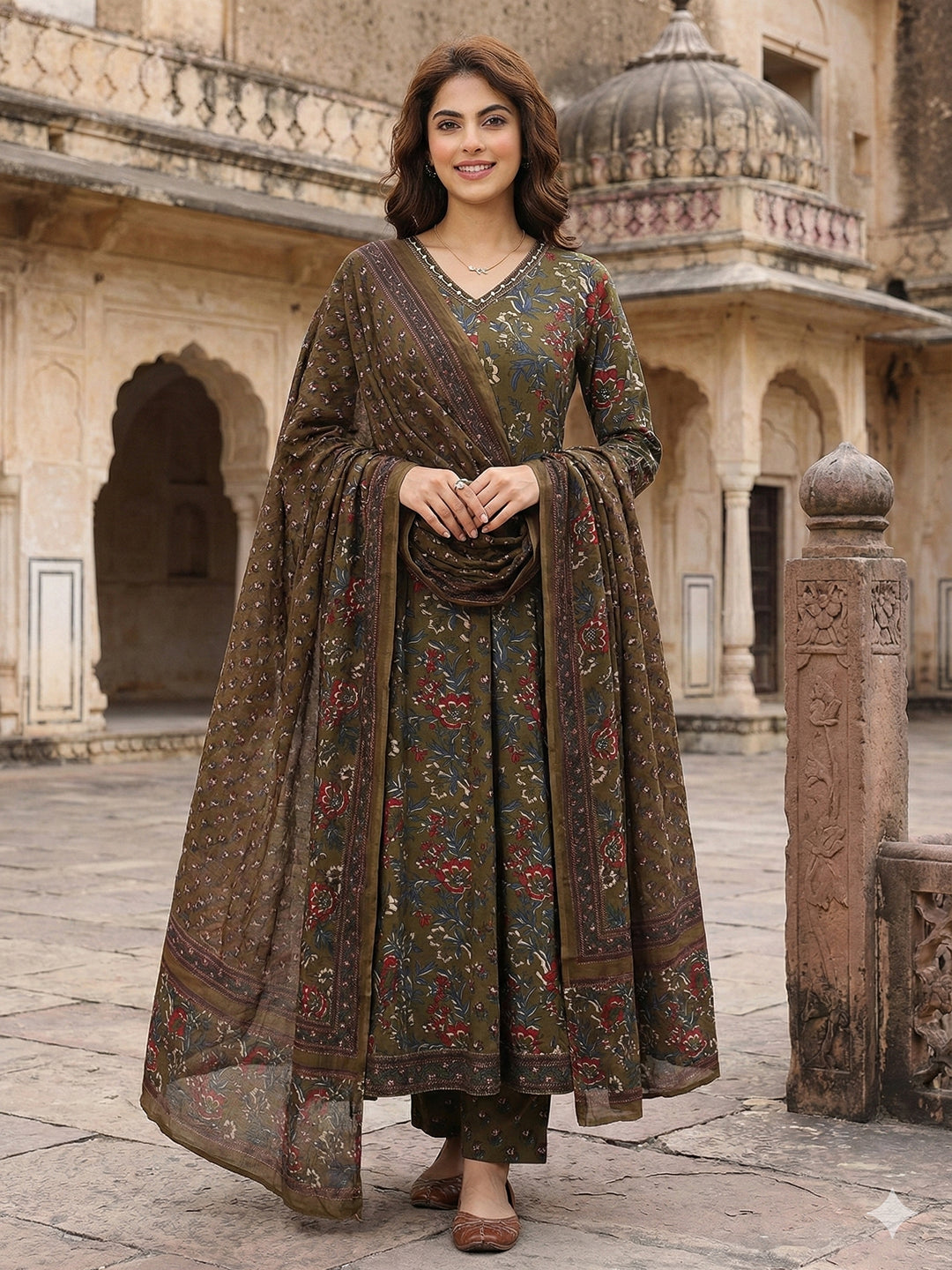 Jaitpuriya Mehndi Green Pure Cotton Anarkali Regular Kurta Set