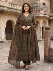 Jaitpuriya Mehndi Green Pure Cotton Anarkali Regular Kurta Set