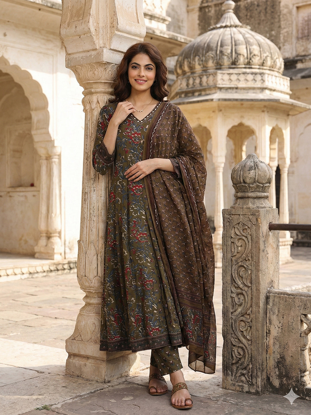 Jaitpuriya Mehndi Green Pure Cotton Anarkali Regular Kurta Set
