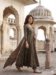 Jaitpuriya Mehndi Green Pure Cotton Anarkali Regular Kurta Set