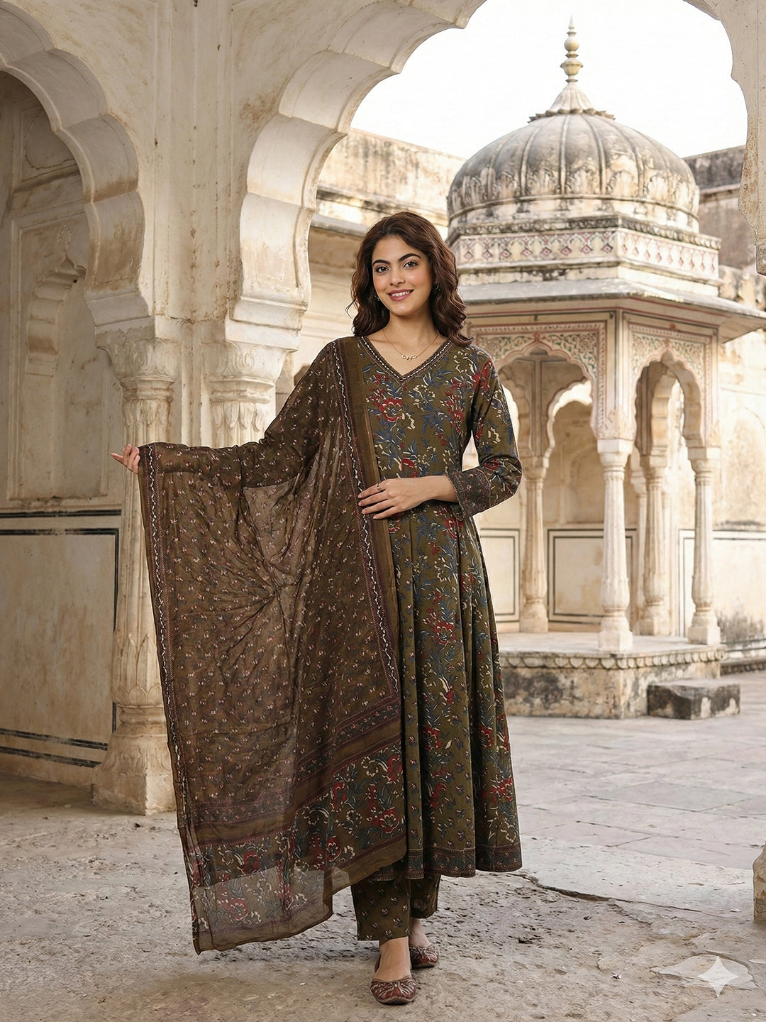 Jaitpuriya Mehndi Green Pure Cotton Anarkali Regular Kurta Set