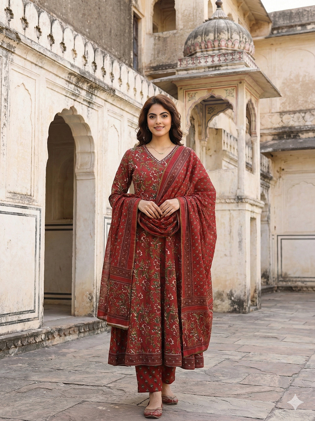 Jaitpuriya Maroon Pure Cotton Anarkali Regular Kurta Set