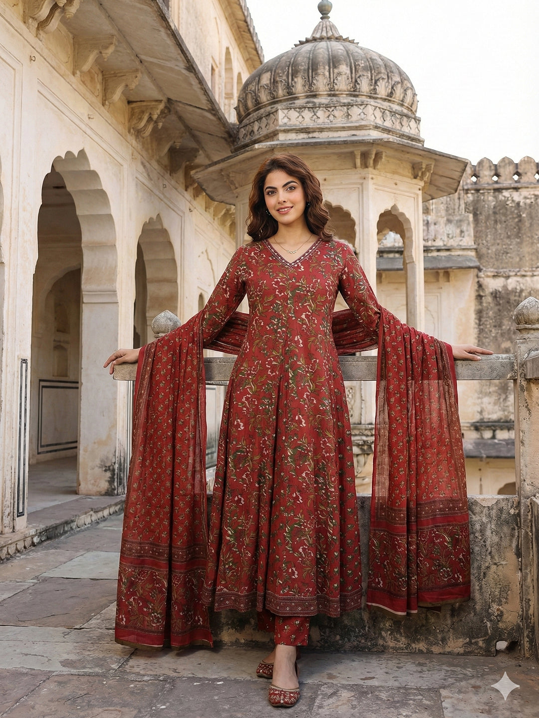Jaitpuriya Maroon Pure Cotton Anarkali Regular Kurta Set