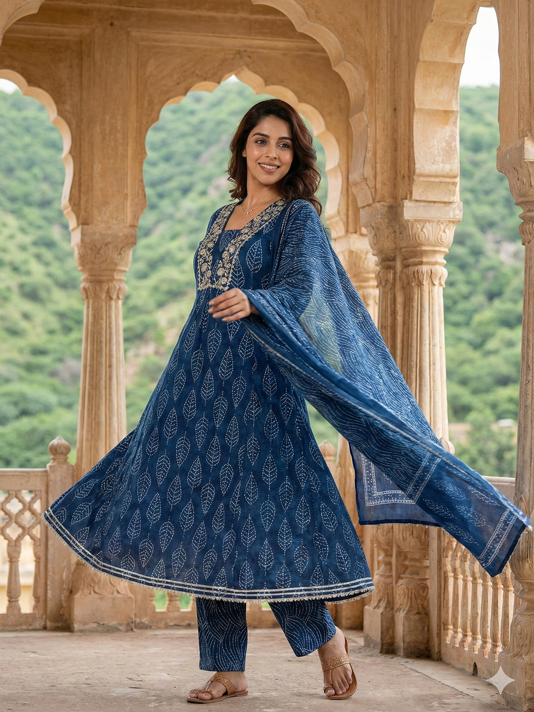 Jaitpuriya Blue Pure Cotton Anarkali Regular Kurta Set