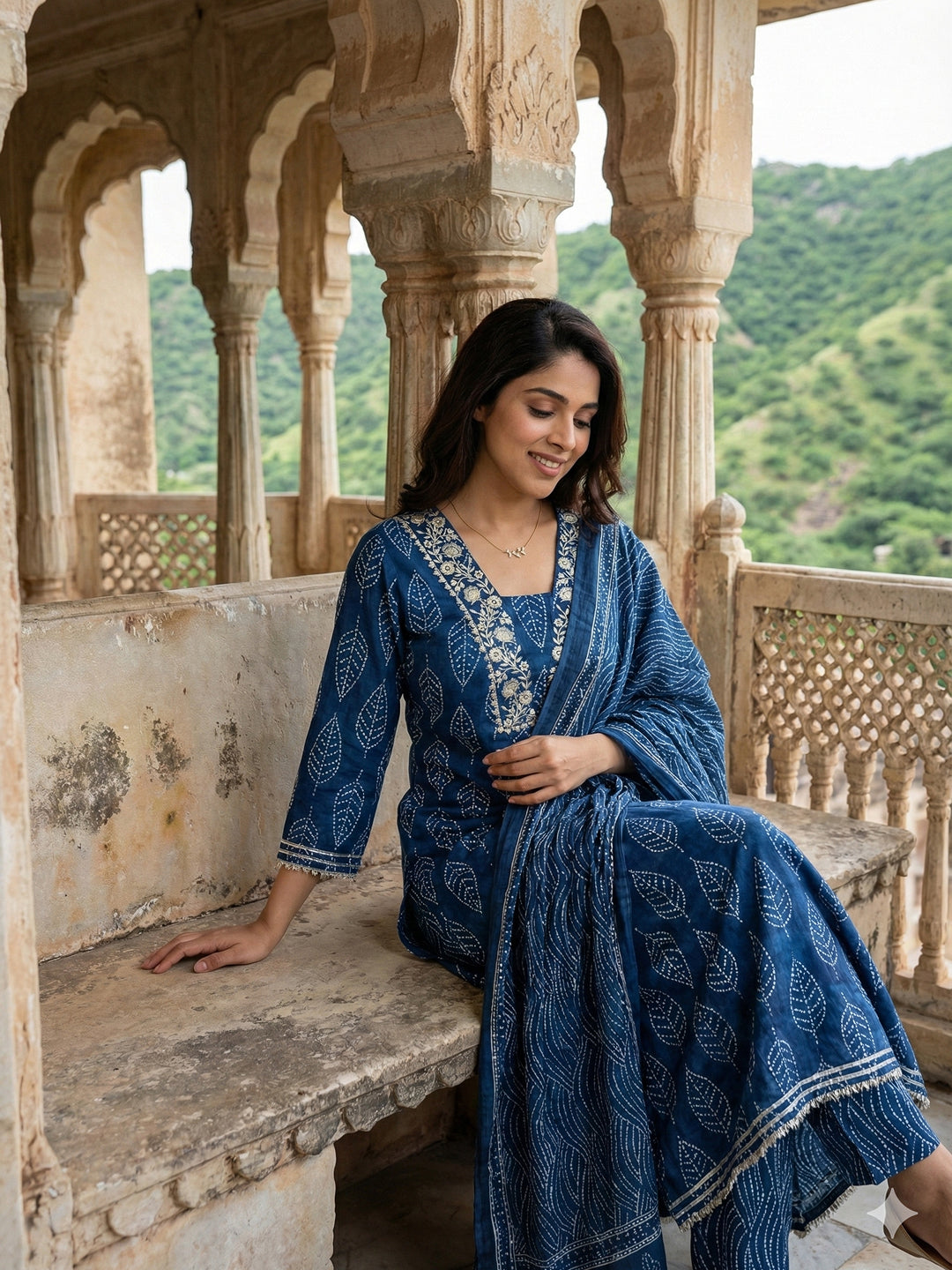 Jaitpuriya Blue Pure Cotton Anarkali Regular Kurta Set