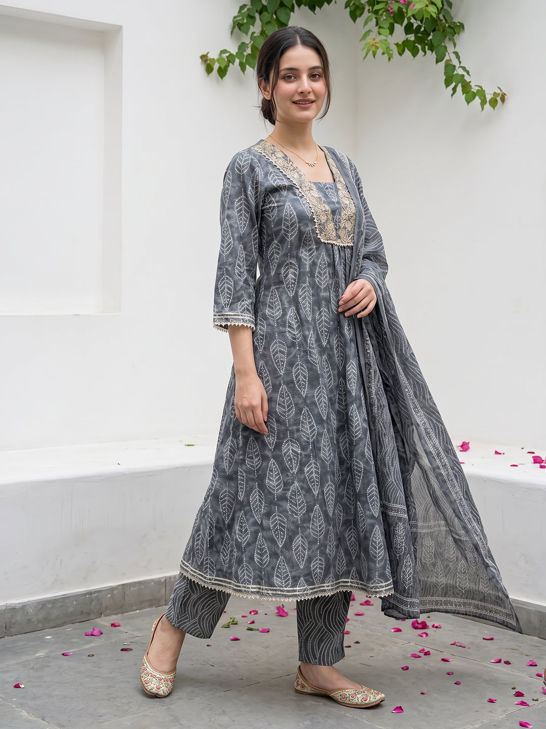 Grey Pure Cotton Anarkali Regular Kurta Set