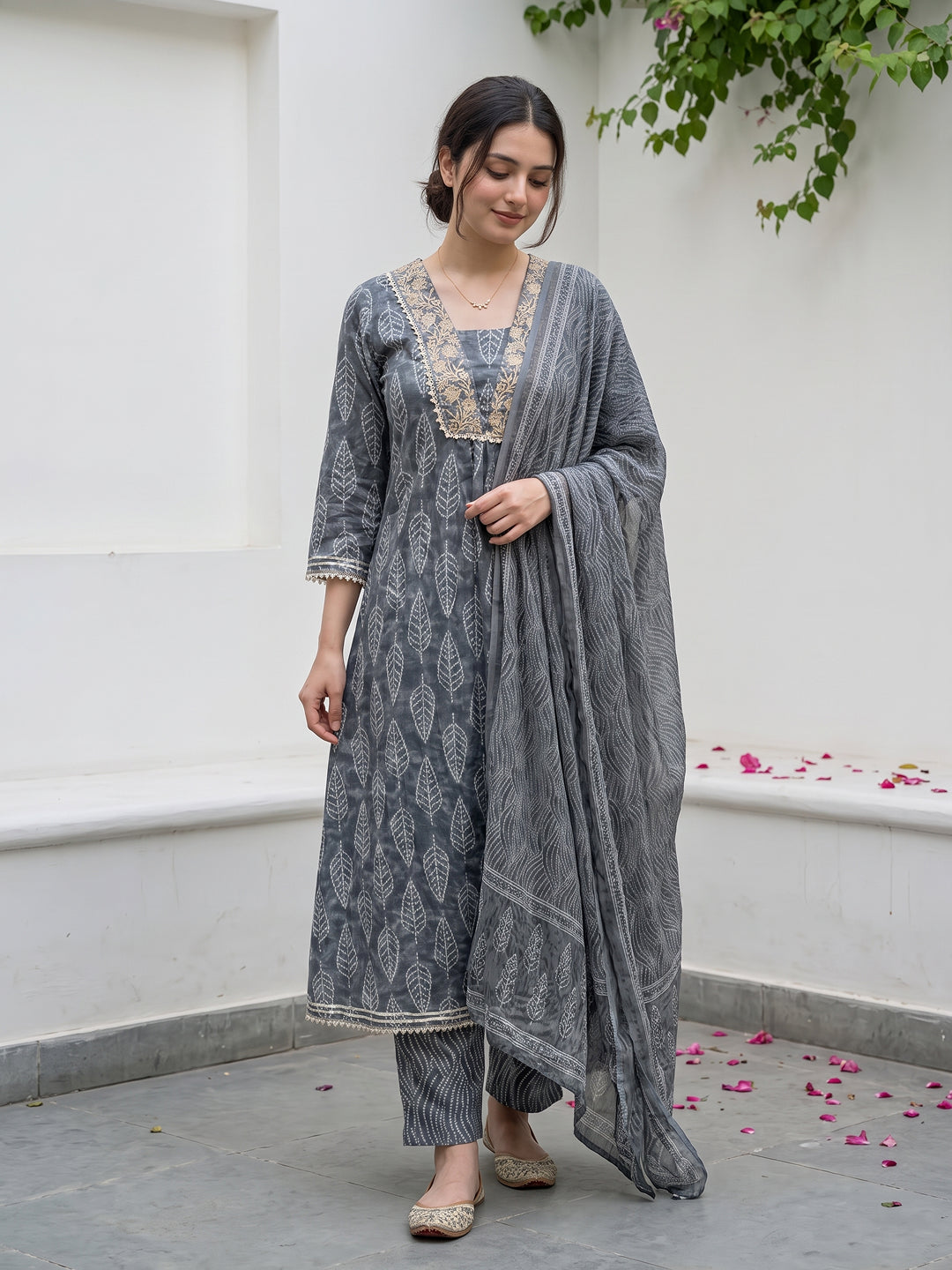 Grey Pure Cotton Anarkali Regular Kurta Set