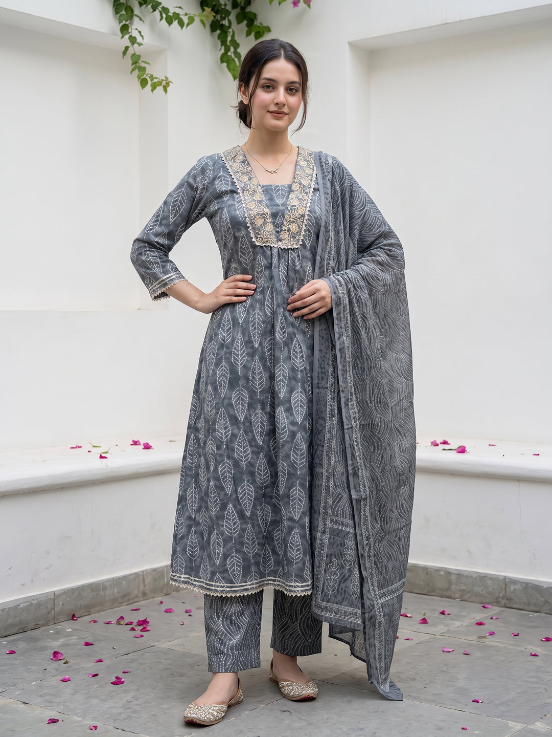 Grey Pure Cotton Anarkali Regular Kurta Set
