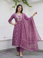 Mauve Pure Cotton Anarkali Regular Kurta Set