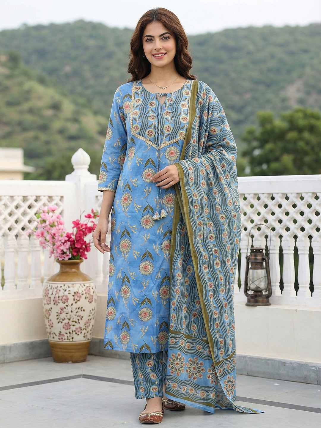 Jaitpuriya Blue Pure Cotton Straight Regular Kurta Set