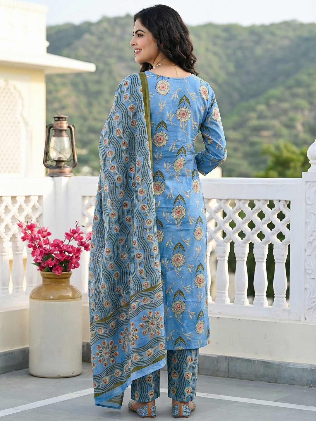 Jaitpuriya Blue Pure Cotton Straight Regular Kurta Set