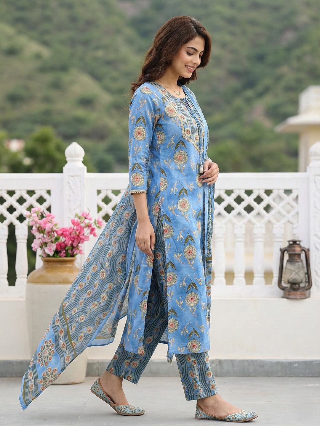 Jaitpuriya Blue Pure Cotton Straight Regular Kurta Set