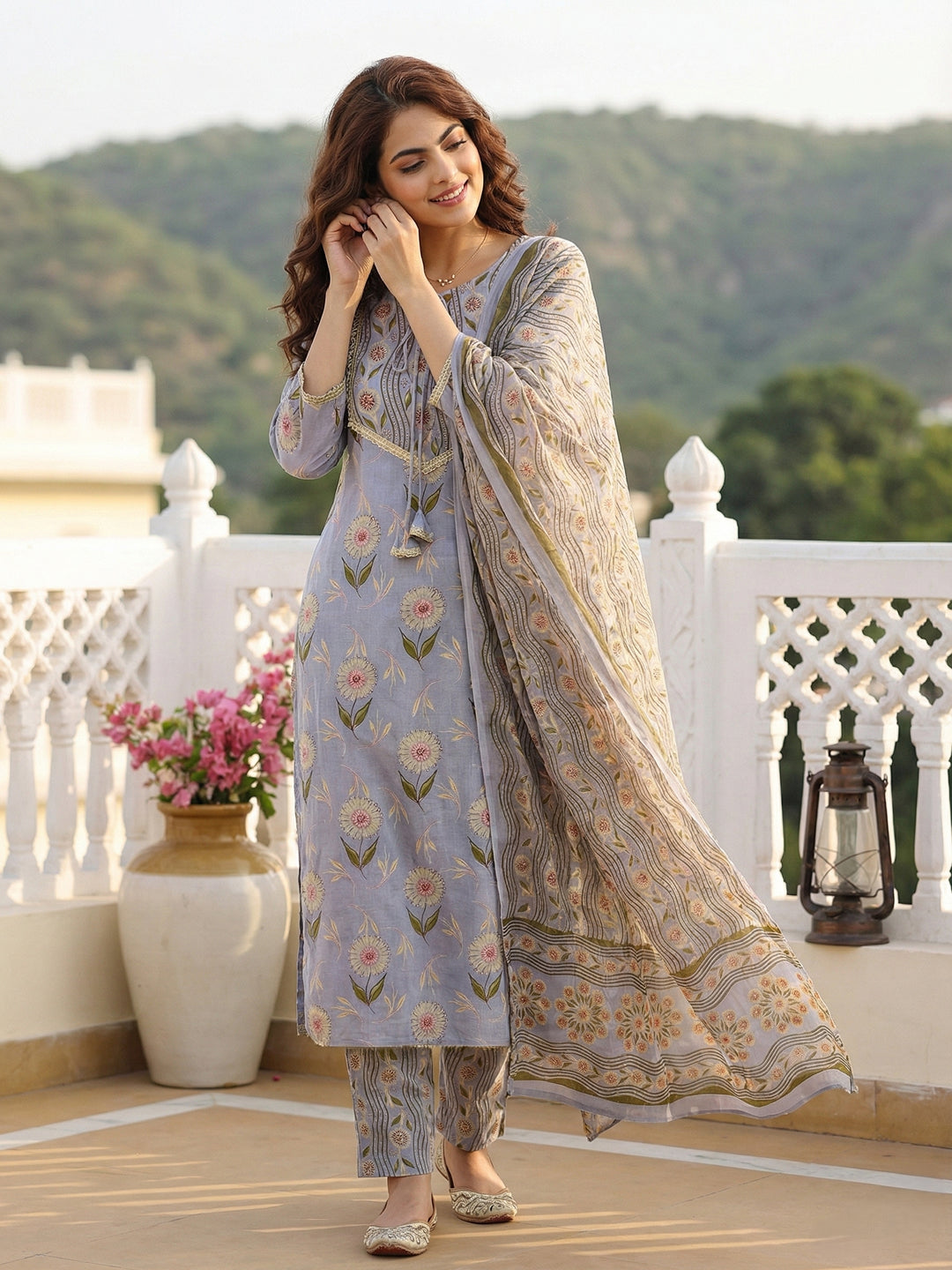 Jaitpuriya Grey Pure Cotton Straight Regular Kurta Set