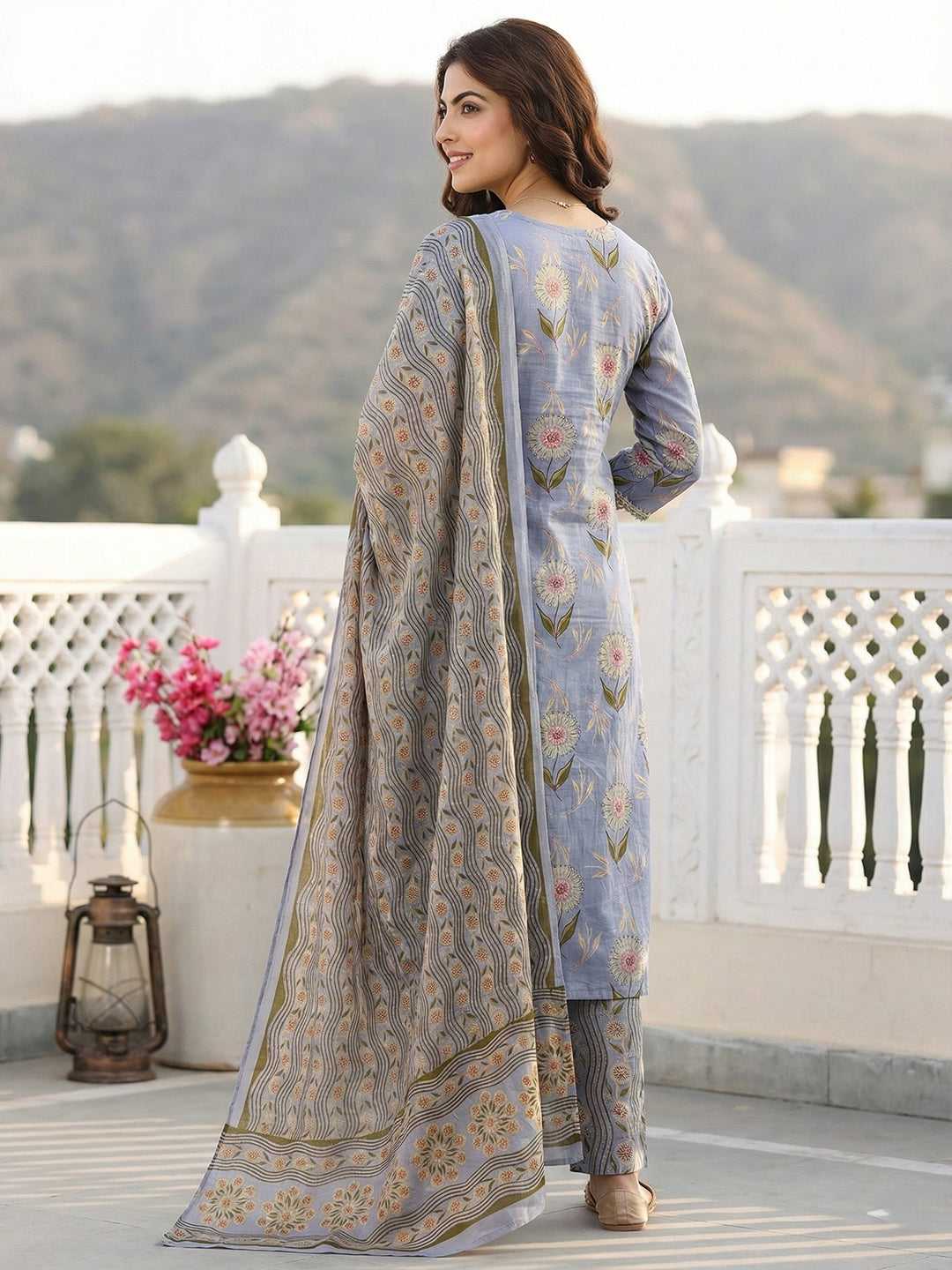 Jaitpuriya Grey Pure Cotton Straight Regular Kurta Set
