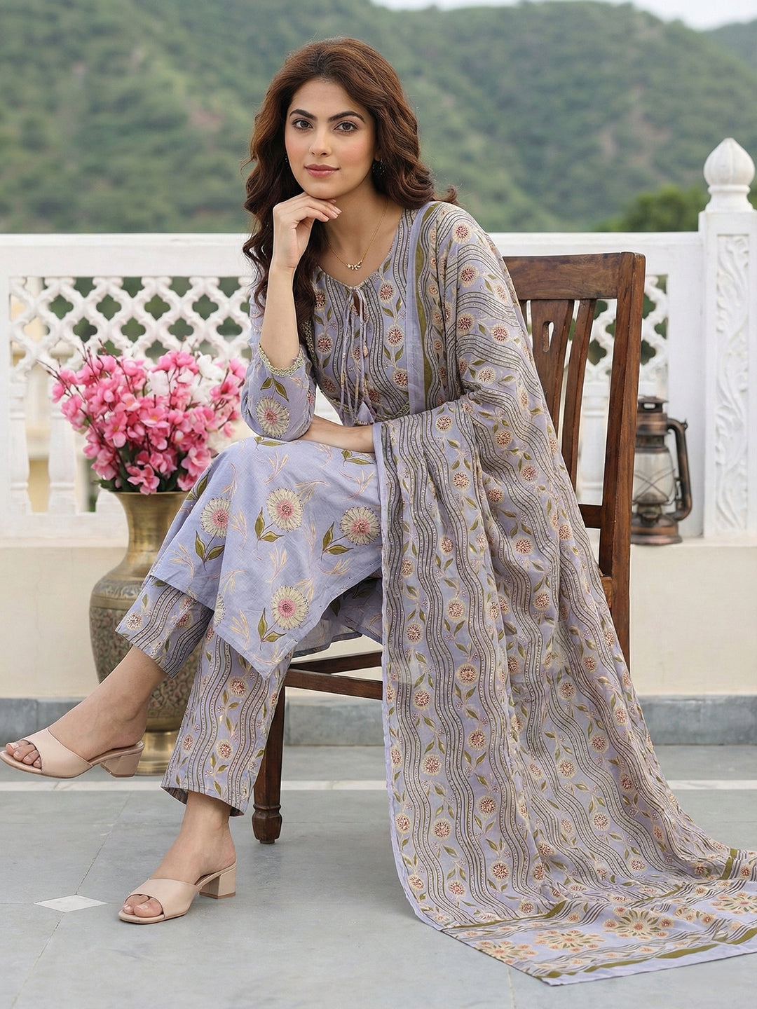 Jaitpuriya Grey Pure Cotton Straight Regular Kurta Set