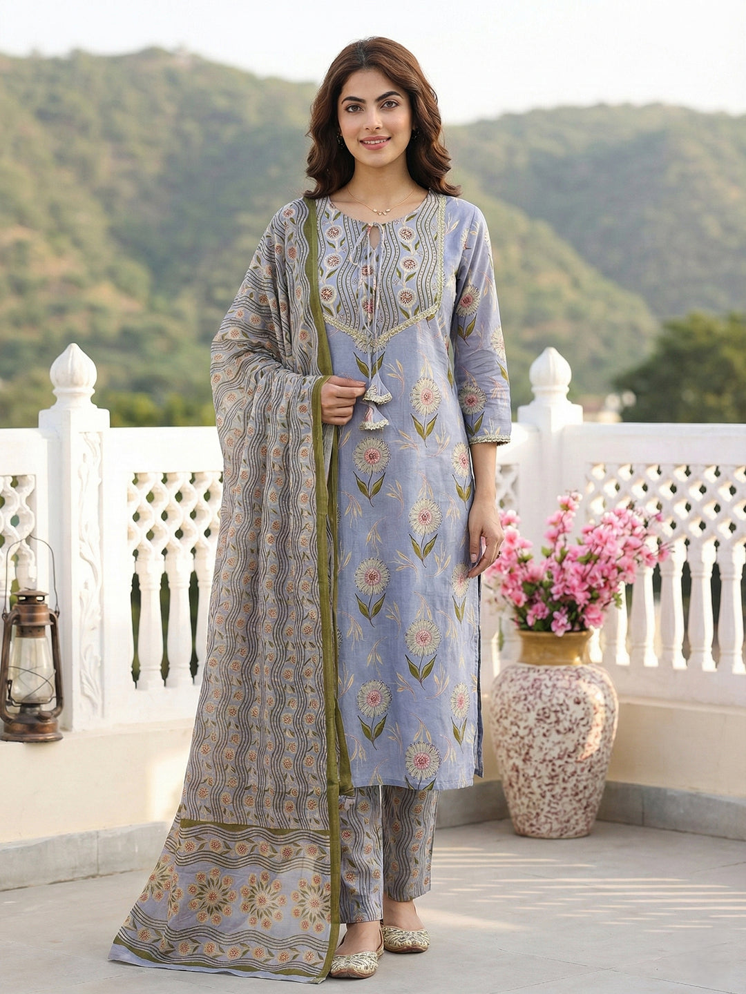 Jaitpuriya Grey Pure Cotton Straight Regular Kurta Set