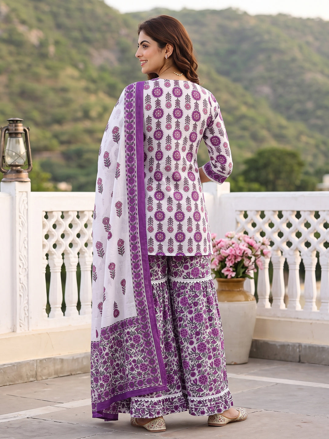 Purple and white Pure Cotton Straight Regular Kurta Set