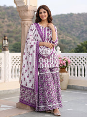 Purple and white Pure Cotton Straight Regular Kurta Set