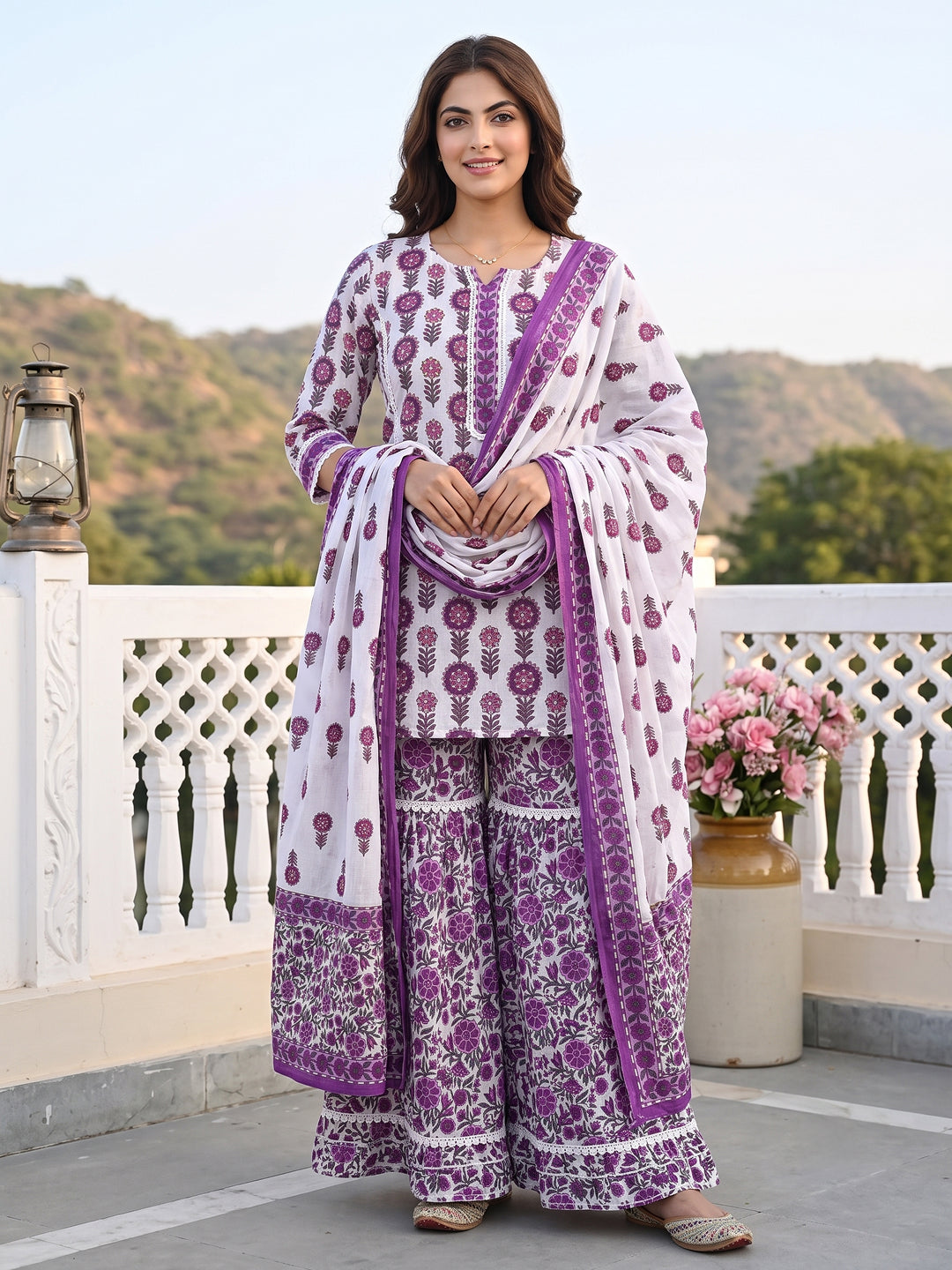 Purple and white Pure Cotton Straight Regular Kurta Set