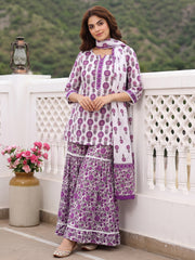 Purple and white Pure Cotton Straight Regular Kurta Set