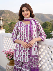 Purple and white Pure Cotton Straight Regular Kurta Set