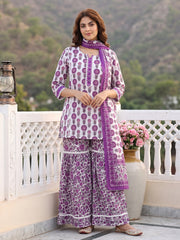 Purple and white Pure Cotton Straight Regular Kurta Set