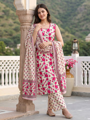 Pink And White Pure Cotton Straight Regular Kurta Set