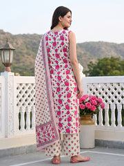 Pink And White Pure Cotton Straight Regular Kurta Set