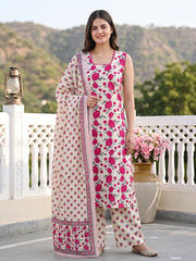Pink And White Pure Cotton Straight Regular Kurta Set