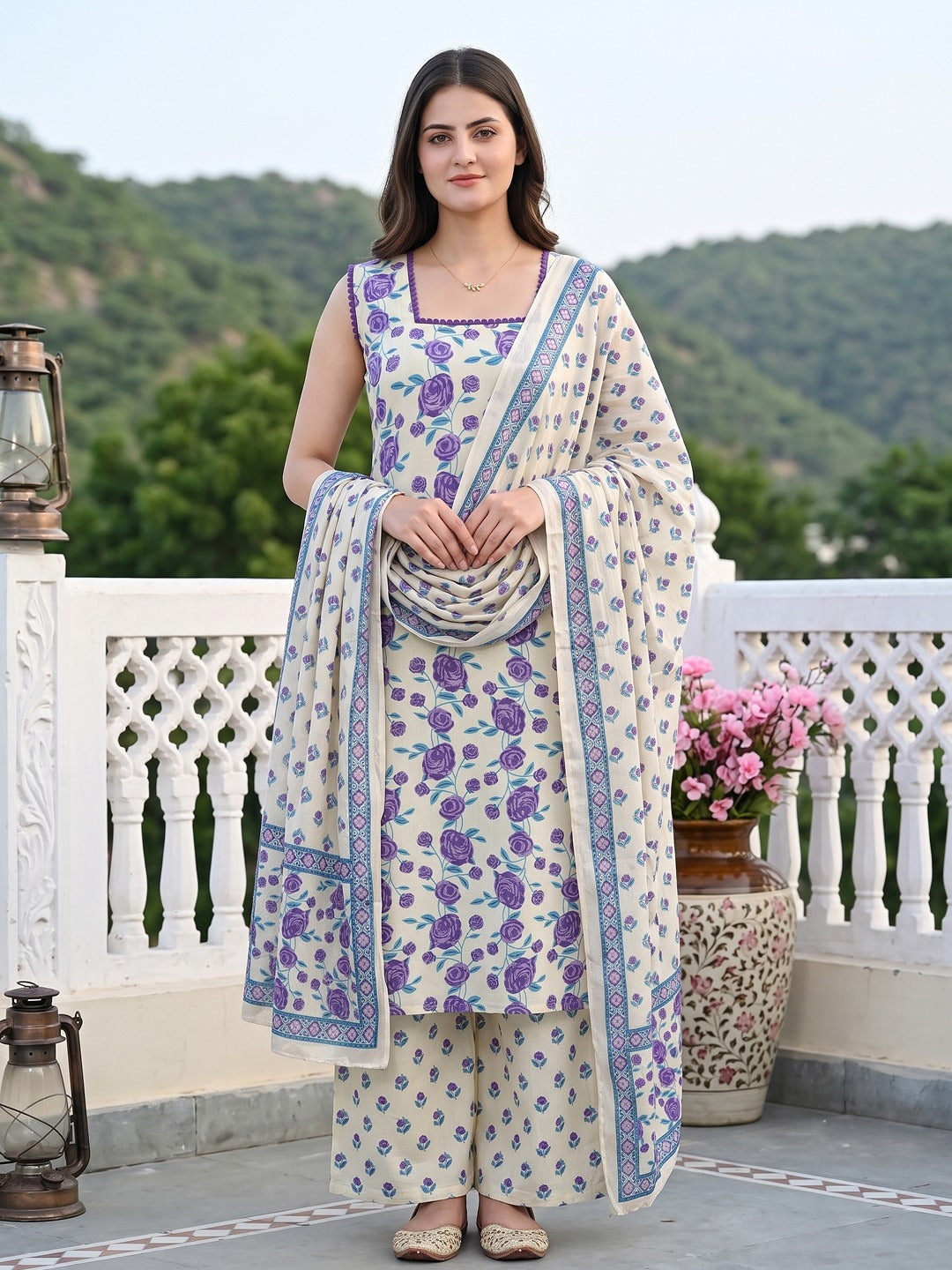 Purple And White Pure Cotton Straight Regular Kurta Set