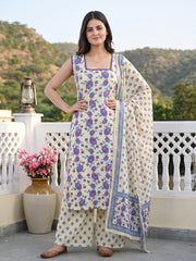 Purple And White Pure Cotton Straight Regular Kurta Set