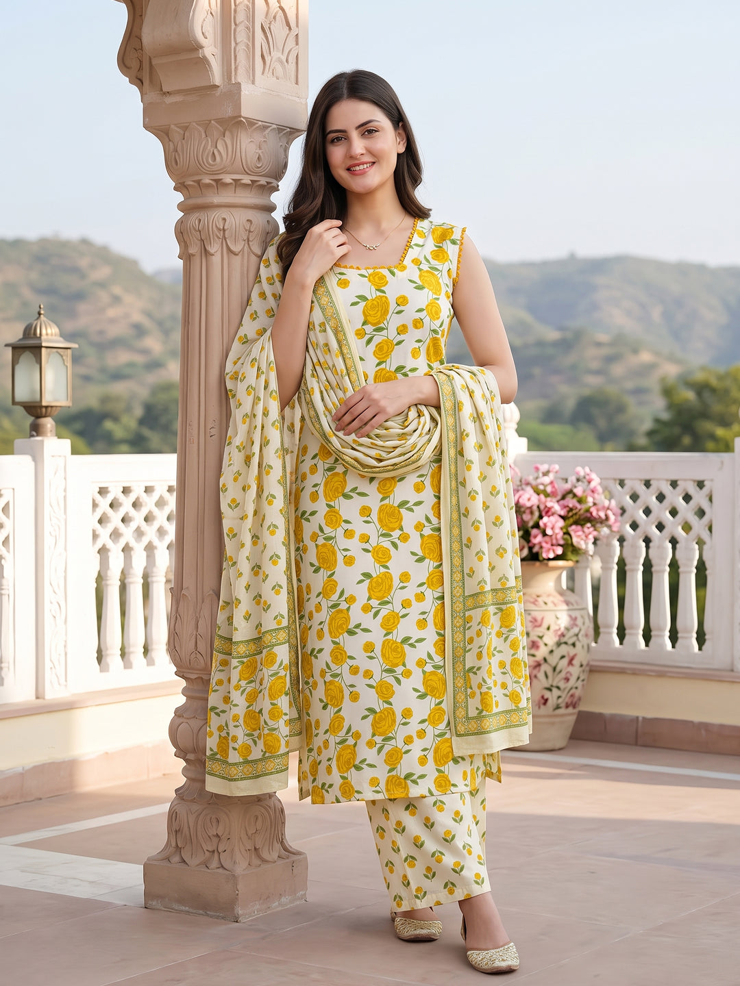 Yellow And White Pure Cotton Straight Regular Kurta Set