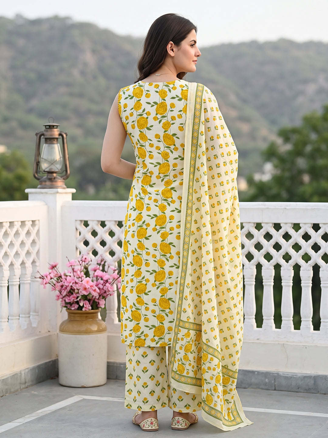 Yellow And White Pure Cotton Straight Regular Kurta Set