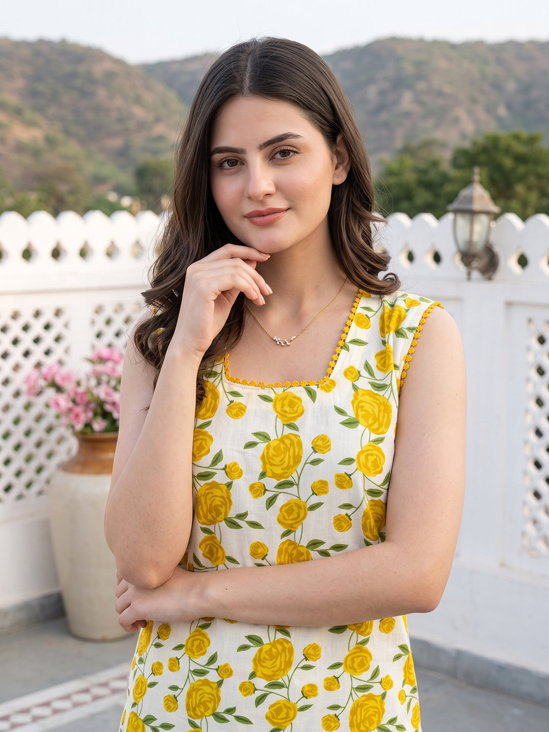 Yellow And White Pure Cotton Straight Regular Kurta Set
