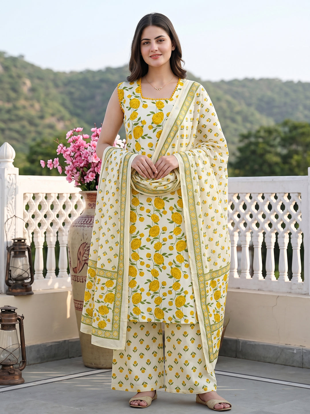 Yellow And White Pure Cotton Straight Regular Kurta Set